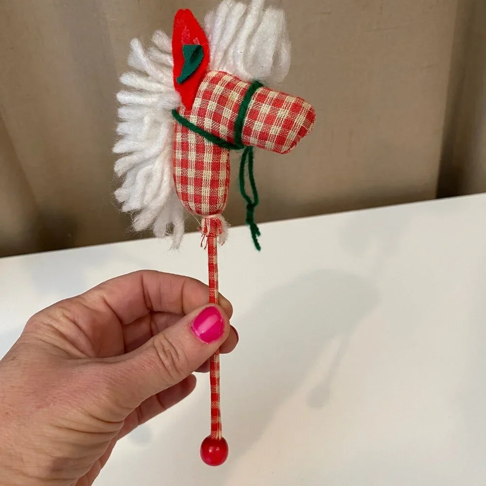 Vintage Hobby Horse Christmas Ornament Red & White Checkered 8”
